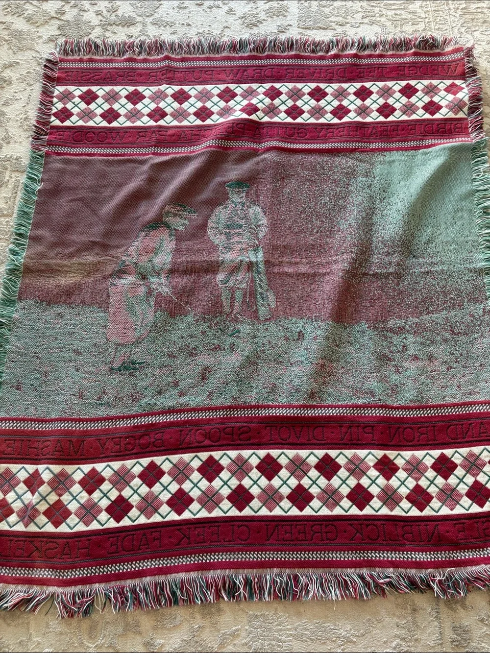Vintage Golf Jaquard Tapestry Red Green Throw Blanket.